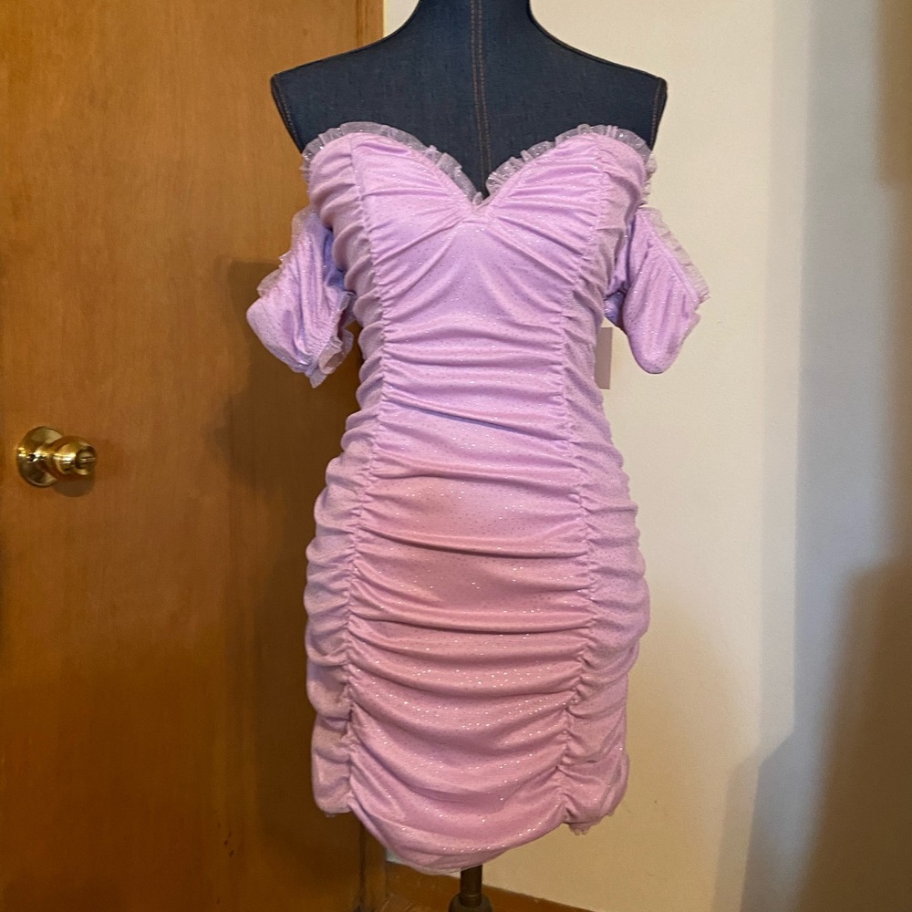 Lavender Sparkly Mini Off the Shoulder Dress